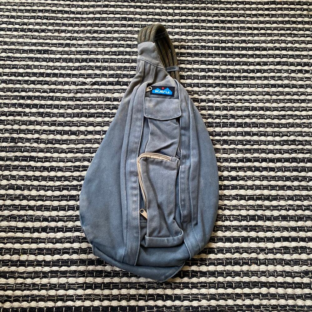 🌿Kavu Faded Gray Blue Denim Wash Canvas Adjustable Sling Rope Bag